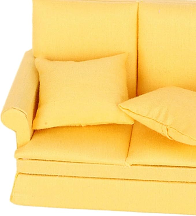 Dollhouse Furniture 1 12 Scale Couch Doll House Mini Sofa with 3Pcs Pillow Living Room Furniture Wooden Doll House Decoration Accessories Dolls House Living Room (Yellow)