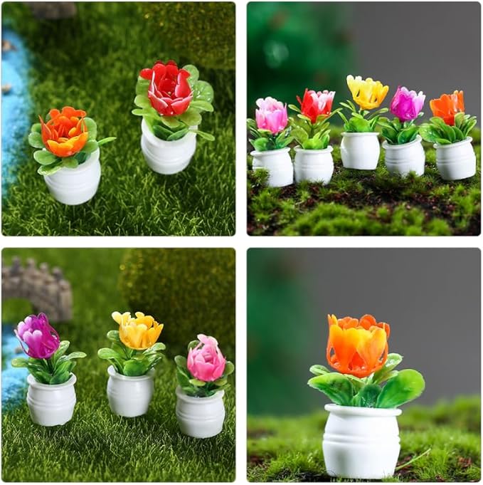 LALADEFIEE Miniature Flower Pots 5Pcs Dollhouse Accessories Tiny Potted Plant Models Realistic Resin Bonsai Decorations for Dollhouse Tabletop Micro Landscape