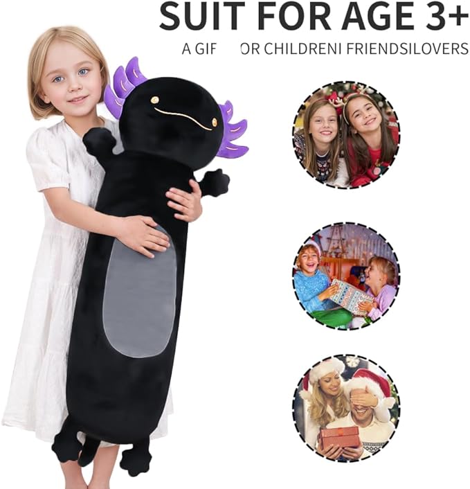 36" Giant Black Axolotl Stuffed Animal, Cute Soft Long Axolotl Plush Body Squishy Pillow Big Plushies Toy, Gift for Kids, Boys, Birthdays, Halloween, Christmas