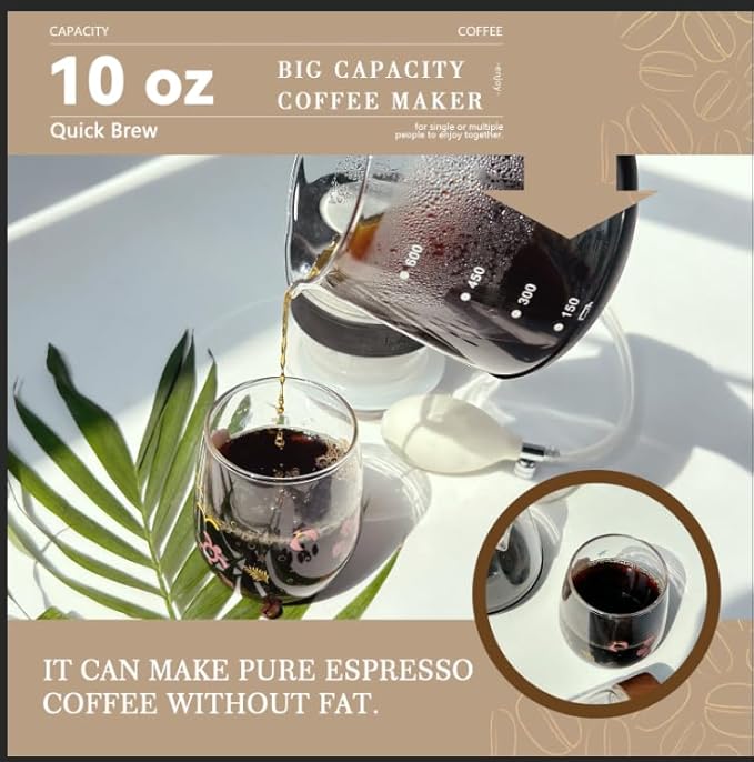 lavarado Air Pressure Coffee Maker, Manual Espresso Brewer No Electricity, Portable Handheld Coffee Maker for Home, Office & Travel, 0.3L Glass Pot