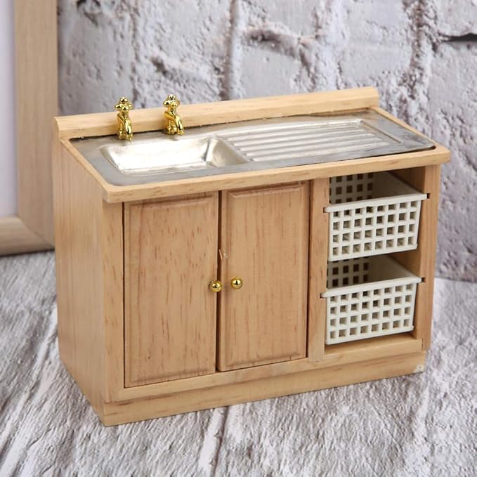Dollhouse Miniature Furniture, 1:12 Scale Wooden Kitchen Dish Washing Table with Baskets for Doll House Accessories Decoration