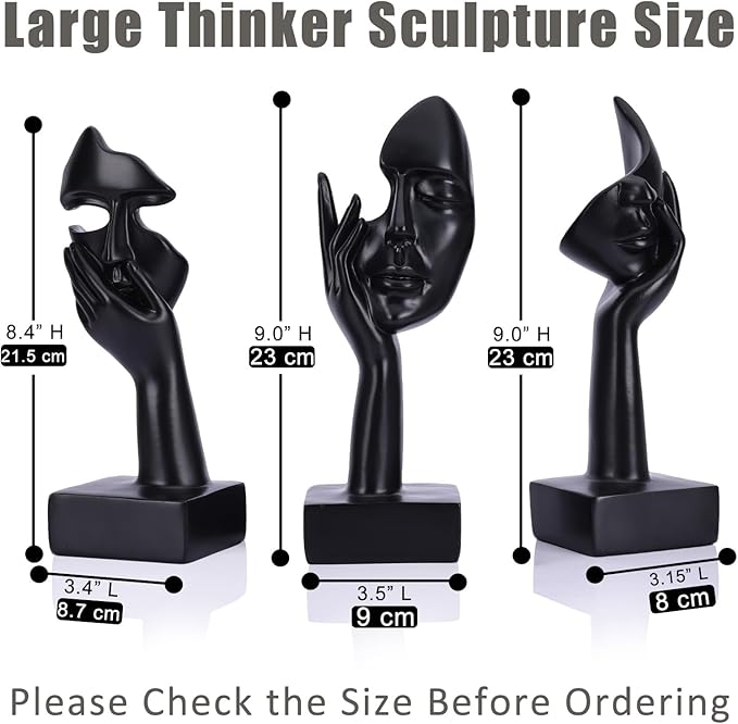 oliruim 3 Pcs Thinker Large Statue Set - Black Art Abstract Home Accent Figurines for Living Room, Bedroom, Shelves, Office Desktop, Coffee Table Decor, Gift for Women (3 Pcs Black, 9")