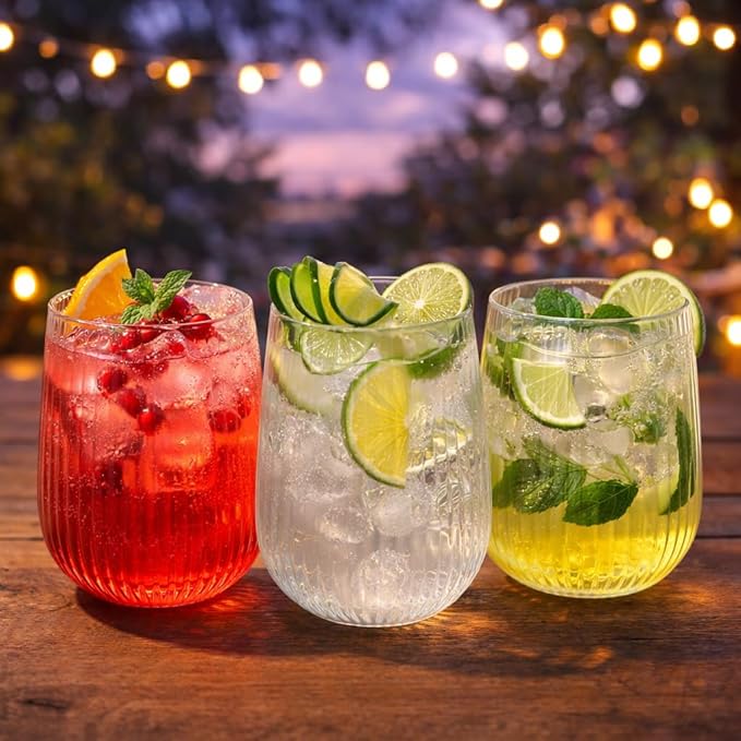 Oojami 30 piece 16 oz Stemless Unbreakable Crystal Clear Plastic Wine Glasses Set of 30-16 OunceClear Ribbed
