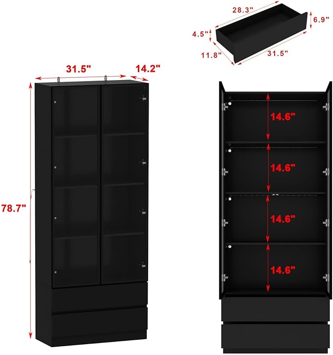 FAMAPY Display Cabinet with 2 Glass Doors and Lights, Display Case Cabinet with 4-Tier Storage Shelves and 2 Drawers, Pop-up Design, for Collectibles, Black (31.5”W x 14.2”D x 78.7”H)