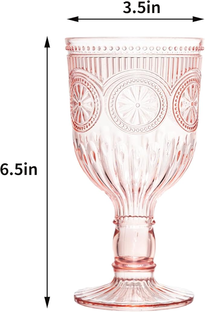 Pink 48 Pack Vintage Wine Glasses, Plastic Reusable 12 Ounce Colored Water Goblets, Unique Flower Embossed Pattern Unbreakable Stemmed Wine Glasses High Clear Wedding Party Bar Drinking Cups