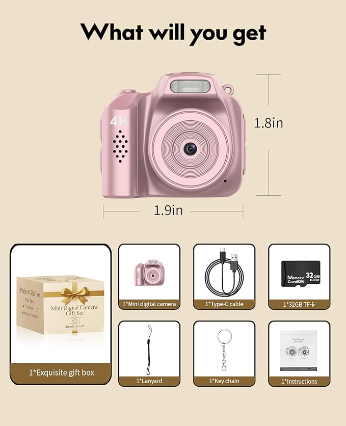 FLATIC Mini Keychain Camera –4K Digital Tiny Camera with 32GB Card & Elegant Gift Box, Fun Pocket-Sized Gadget for Kids & Adults, Collectible Gift for Travel, Birthdays & Stocking Stuffers (Pink)