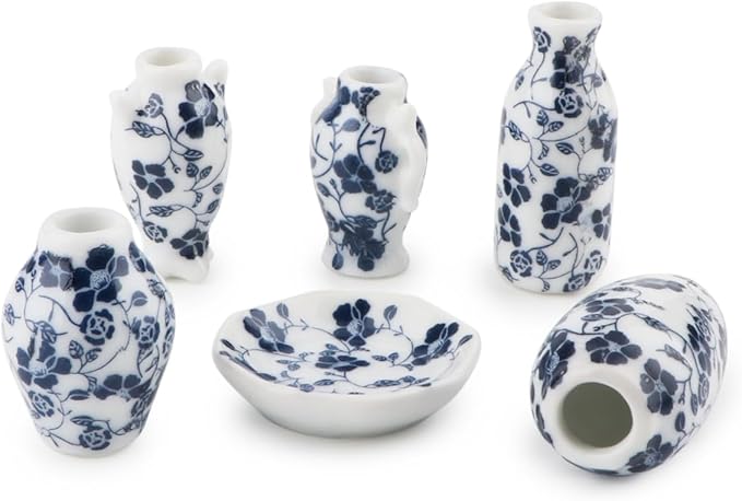 Dollhouse Vase 7 Pcs Set Miniature 1/12 Scale Blue Flower White Porcelain Vases Set, Dollhouse Decoration Accessories