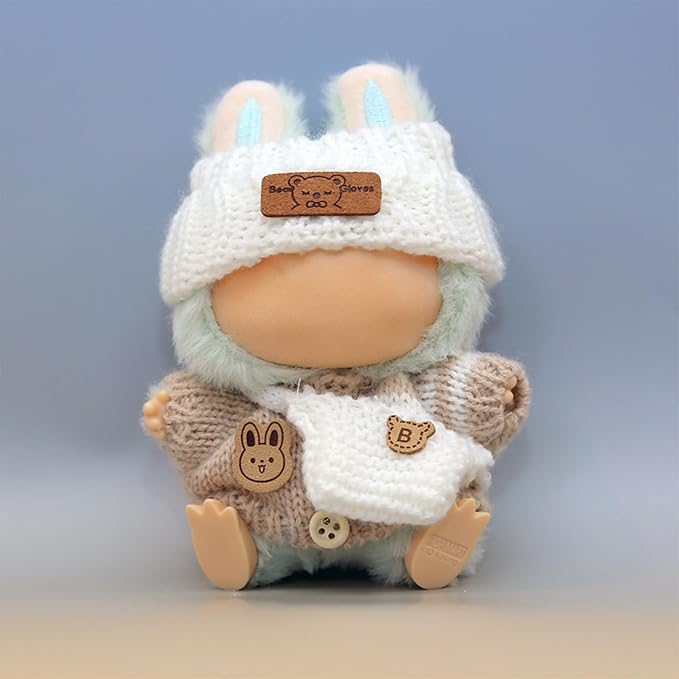 Clothes for LABUBU Doll (NO Doll), Handcrafted Crochet 3-Piece Accessories for LABUBU 17cm Dolls, Premium Outfit - Bunny Sweater + Hat + Bag, Cute Clothes for Dress up Unique Style (Beige)
