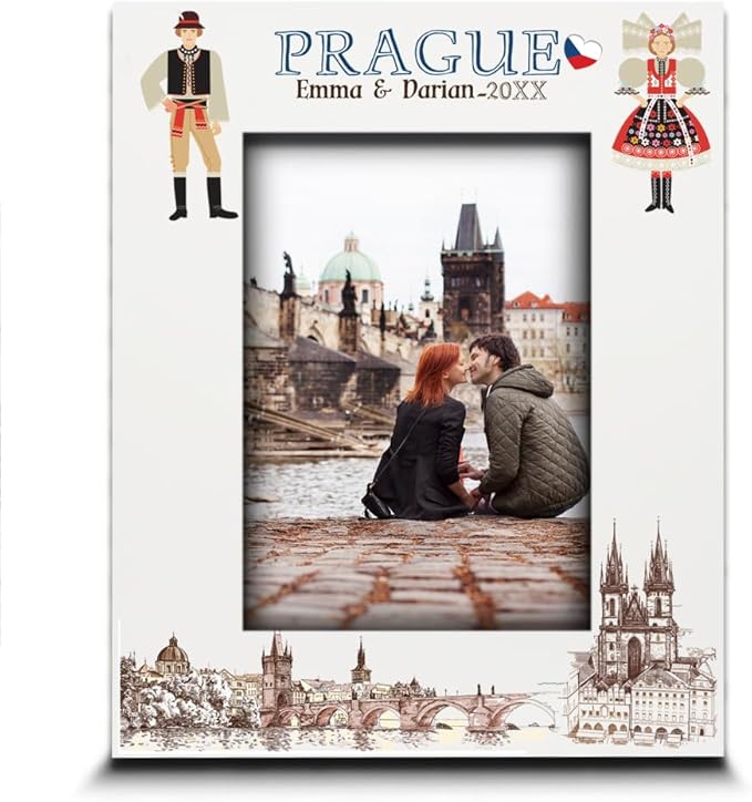 BELLA BUSTA-Personalized Europe Travel Picture Frame– Custom Print Photo Frame with City & Country-Honeymoon, Vacation, Adventure, Favor Keepsake (Prague (Vertical))