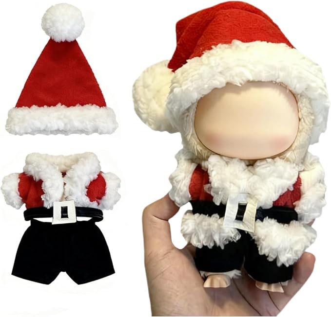 Christmas Doll Clothes for 17cm Dolls - 4 Set Handmade Crochet Holiday Outfit with Santa Hat, Top, Black Belt & Cute Pants Accessories (Santa Claus)
