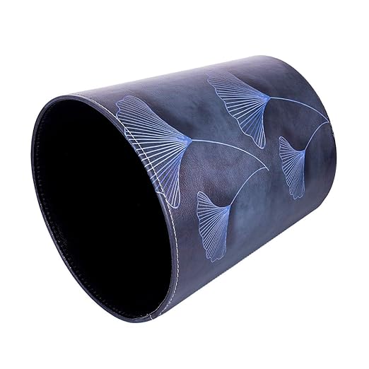 Scakbyer 10L/2.64 Gallon Trash Can, Decorative Waste Basket, PU Leather Waste Paper Basket, Waterproof Garbage Can for Bathroom, Bedroom, Office, Kitchen and Living Room - Blue Lines Leaves