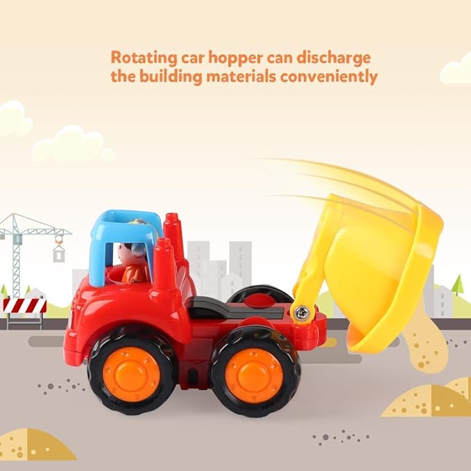 Coogam 4 Pack Friction Powered Cars Construction Vehicles Toy Set Cartoon Push and Go Car Tractor, Bulldozer, Cement Mixer Truck, Dumper for Year Old Boy Girl Kid Gift