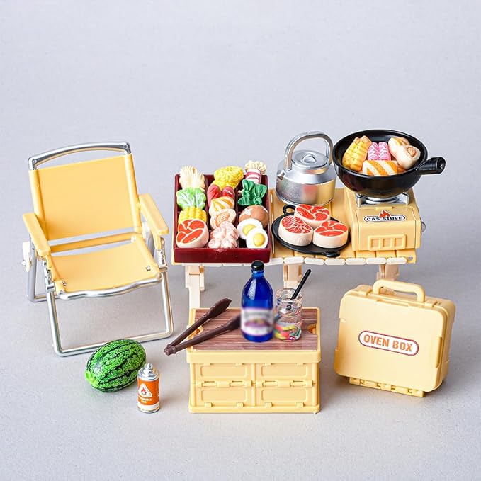 1/12 Scale Mini Realistic Camping Picnic Table and Chair Model Set, Dollhouse Food-Play Props, Prentend-Play Accessory Set (3-Color Camping Accessories + Food Items)