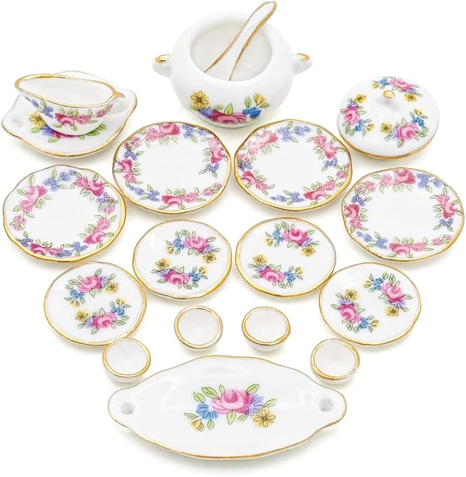 Odoria 1/12 Miniature Dish Dinnerware Set 17Pcs Dollhouse Decoration Accessories, Pink Rose