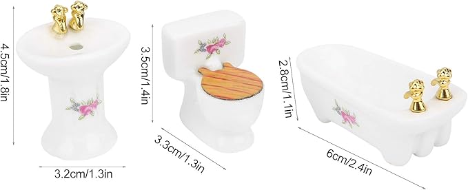 Aqur2020 1:24 Dollhouse Bathroom Set, Simulation Ceramic Bathtub Toilet Sink Kit with Metal Chain and Wood Lid for Miniature Dollhouse Bathroom Scene Decor (Rose)