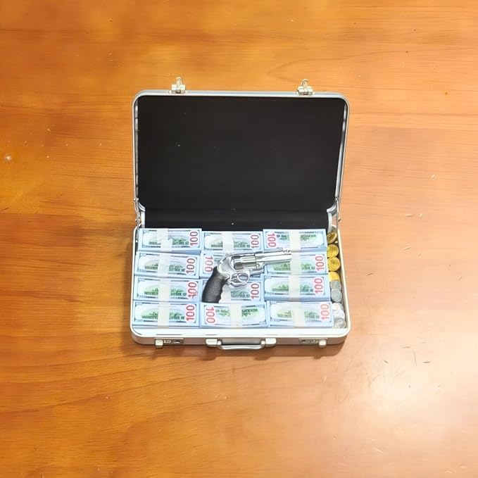 1:6 Scale Miniature Briefcase Set - Includes Fake Gold Bars, Bundles of $100 Mini Dollar Bills, Vintage Coins and Mini Weapons - Unique Adult NoveltyToy & Dollhouse Accessories (Silvery)