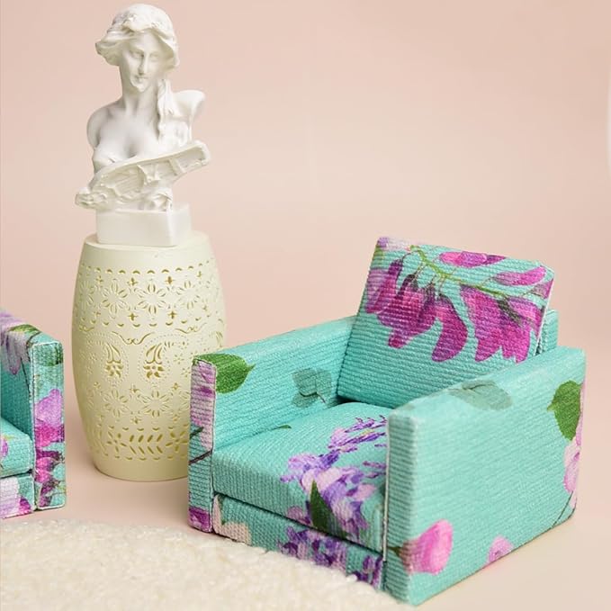 Funky Mini House Miniature Dollhouse Armchair 1:12 Scale Dollhouse Corduroy Armchair+Pillow - Green Floral Armchair & Matching Cushion Set for Dollhouse Decor Ideal Birthday (Green)