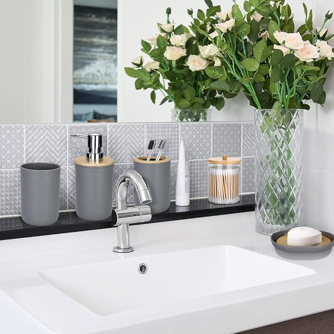 OTOSTAR Bathroom Accessory Set 8 Pieces Bathroom Accessories Set Bamboo Gift Bathroom Set with Trash Can Toothbrush Holder Soap Dispenser Soap and Lotion Set Tumbler Cup 2 Qtip Holder Jars (Grey)