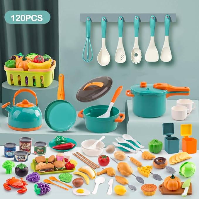 120Pcs Mini Play Kitchen Accessories, Kids Pretend Cooking Playset with Desserts, Cuttable Veggies & BBQ & Storage Basket, Educational Role-Play Gift for Toddlers, Child, Green