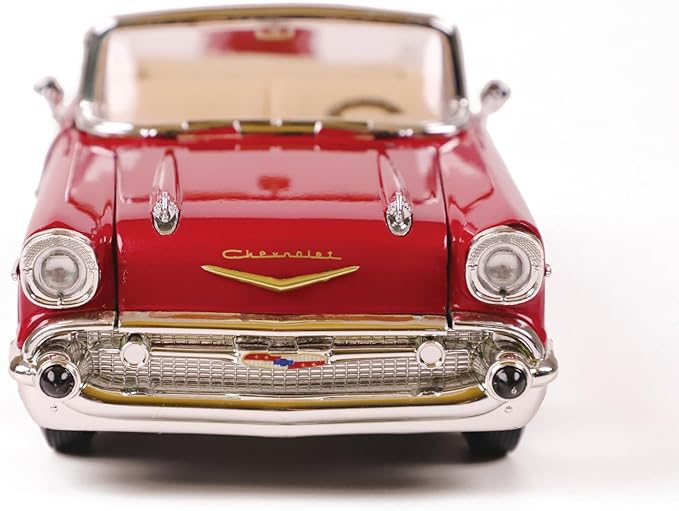 1957 Chevrolet Bel Air Alloy Collector Model Car - 1:18 Scale Classic Replica with Chrome Accents, Opening Doors & Display Base - Iconic American Golden Age Sedan Model (Red)