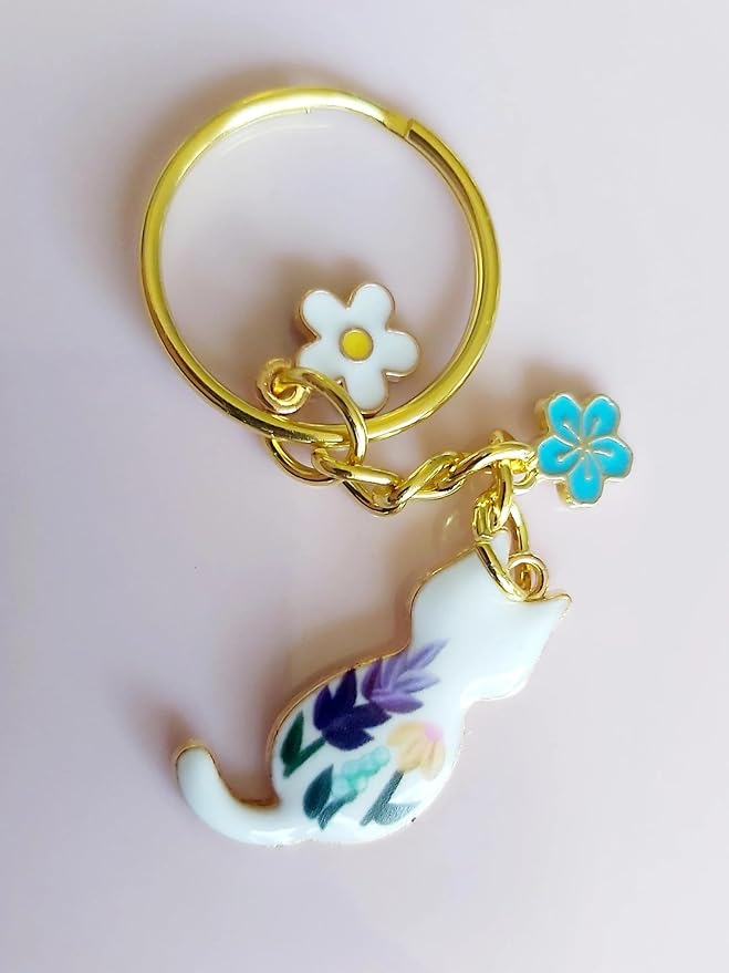 Agromusk Cute Cat Keychain, Enamel Flower Keyring Japanese Decor for Garden Cat Lovers, Kawaii Bag Charm With Sakura Flowers