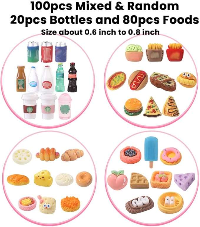 100pcs Miniature Foods Drink Bottles Toys, Mixed Mini Resin Food Drinks Figures Pretend Play Kitchen Game Party Favor Toy for Dollhouse Accessories Decorations