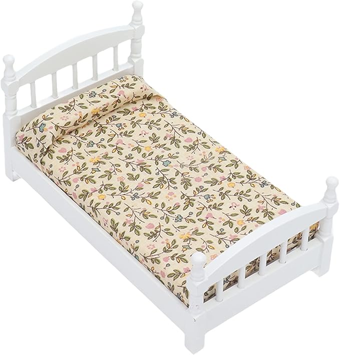 Wooden Doll House Bed 1: 12 Scale Miniature Bedroom Furniture Set with Mattress Pillows