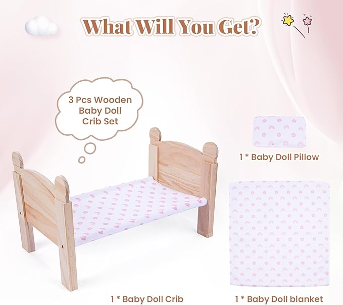 BABESIDE 3 Pcs Baby Doll Crib with Bedding Set for 12-16 Inch Babydolls, Wooden Dolls Furniture Doll Bed with Pillow and Blanket for Realistic Baby Doll Accessories