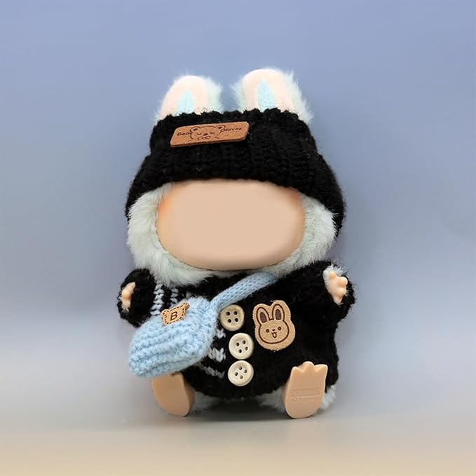Clothes for LABUBU Doll (NO Doll), Handcrafted Crochet 3-Piece Accessories for LABUBU 17cm Dolls, Premium Outfit - Bunny Sweater + Hat + Bag, Cute Clothes for Dress up Unique Style (Black)