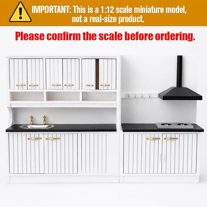 Doll House Kitchen Cabinet - 1/12 Scale Miniature Mini Table with Stove Sink Cabinet, Mini Wooden Dining Room Furniture Accessories, Decoration for Dollhouse Accessory