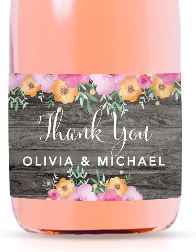Andaz Press Personalized Mini Champagne Wine Bottle Labels, Thank You, Olivia & Michael, Rustic Gray Wood Floral Flowers, 20-Pack, Mini Champagne Favor Gift Labels