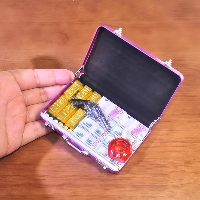 1:6 Scale Miniature Briefcase Set - Includes Fake Gold Bars, Bundles of $100 Mini Dollar Bills, Vintage Coins and Mini Weapons - Unique Adult NoveltyToy & Dollhouse Accessories (Pink)