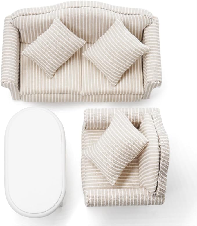 Odoria 1/12 Miniature White Coffee Table and Upholstered Chair Sofa Set Mini Armchair Striped Khaki Couch Miniatures Dollhouse Furniture Accessories Doll House Accessory