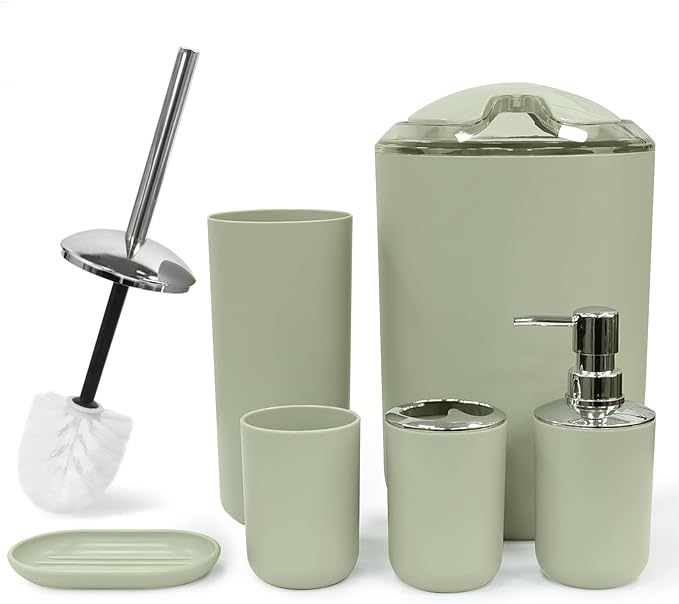 CERBIOR Bathroom Accessories Set 6 Piece Bath Ensemble Includes Soap Dispenser, Toothbrush Holder, Toothbrush Cup, Soap Dish for Decorative Countertop and Housewarming Gift (Green)