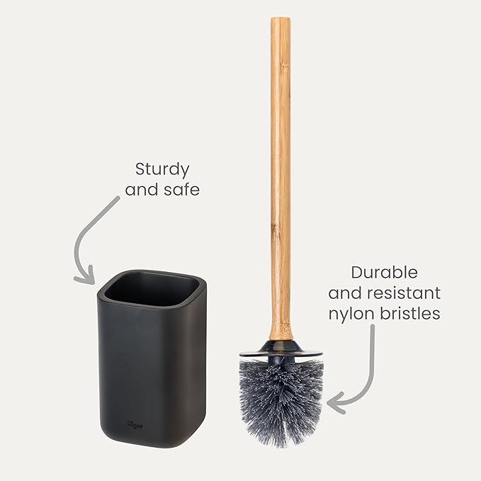 Vigar Zense Toilet Brush and Holder Set, Toilet Bowl Brush with Polyresin Stone Holder, Bathroom Sets for Bathroom Decor and Accessories, Cool Black