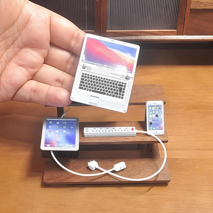 1:6 Scale Dollhouse Accessories - 4 Colors Miniature Digital Set: Metal Smartphone, Tablet, Laptop & Desktop USB Socket - 1:12 Scale Miniature Collectibles Gift (Silvery)