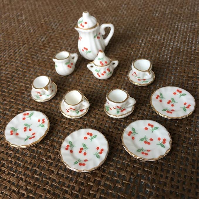 Dollhouse Decoration Accessories, 1:12 Dollhouse Miniature 15 Pcs Porcelain Tea Sets Mini Food Toy Model (J)