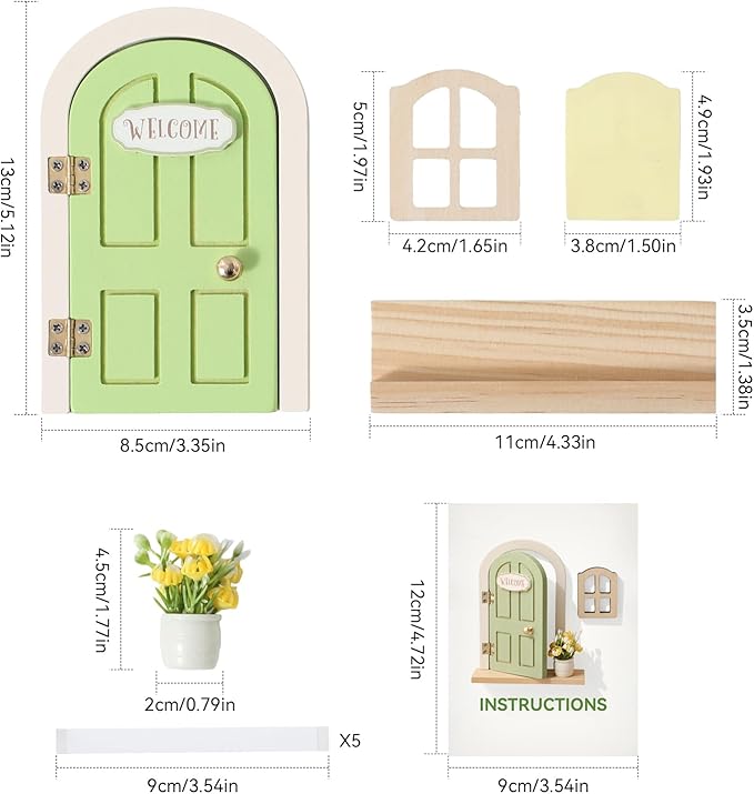 Mamimami Home Green Balcony Little Magical Fairy Door with Base, 13cm 5.12 inch Elf Miniature Tiny Door with Flowerpot and Window, Tooth Fairy Door Handmade Christmas Decorations