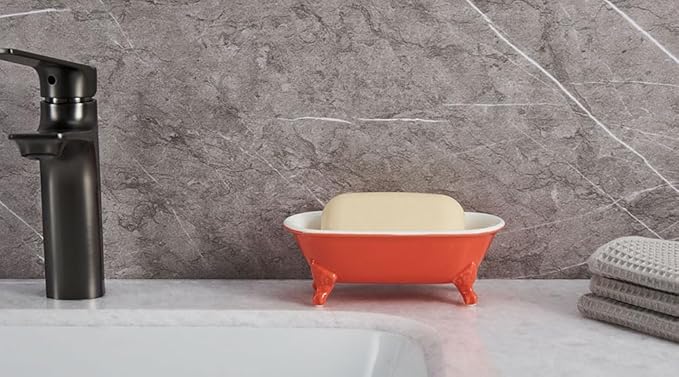 NEWHENGS 6.5" Ceramic Mini Decorative Clawfoot Bathtub Bar Soap Dish, Kitchen Sponge Holder and Shower Tray for Bathroom, 1 Pack(Coral)