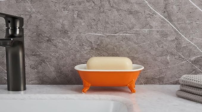 NEWHENGS 6.5" Ceramic Mini Decorative Clawfoot Bathtub Bar Soap Dish, Kitchen Sponge Holder and Shower Tray for Bathroom, 1 Pack(Tangerine)