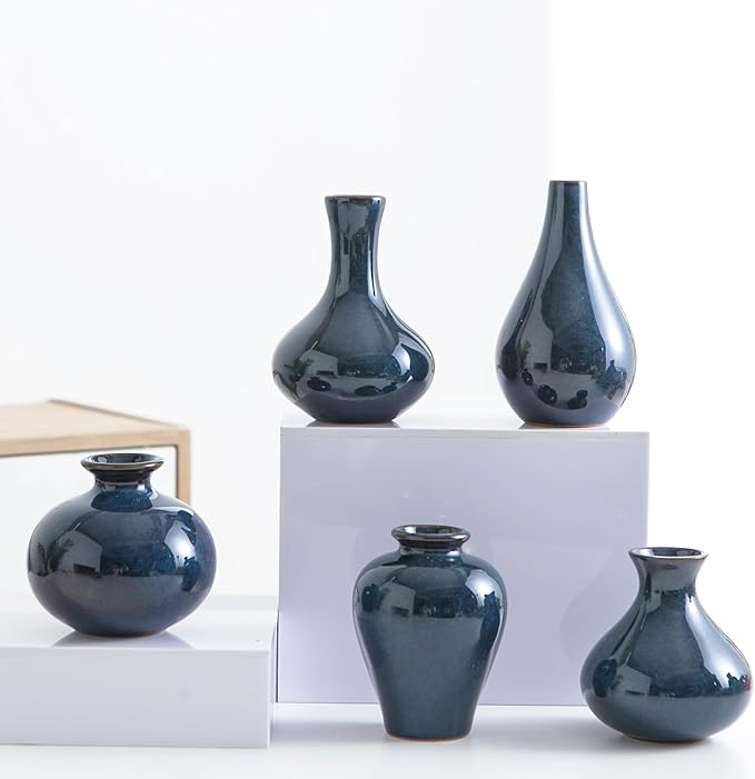 Small Ceramic Vase Set of 5, Blue Bud Vase, Boho Decorative for Fireplace, Entryway and Living Room, Centerpiece Table Decorations