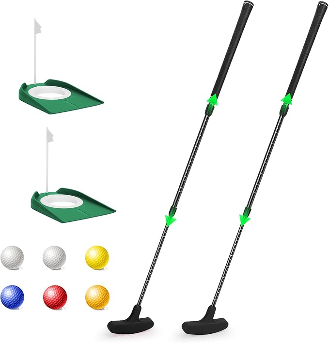MultiOutools Golf Putters for Men and Women, 2 Pack Adjustable Golf Club Sets with 6 Balls & 2 Flag Cups, Two-Way Mini Putters Training Clubs for Children, Teenagers, Adults