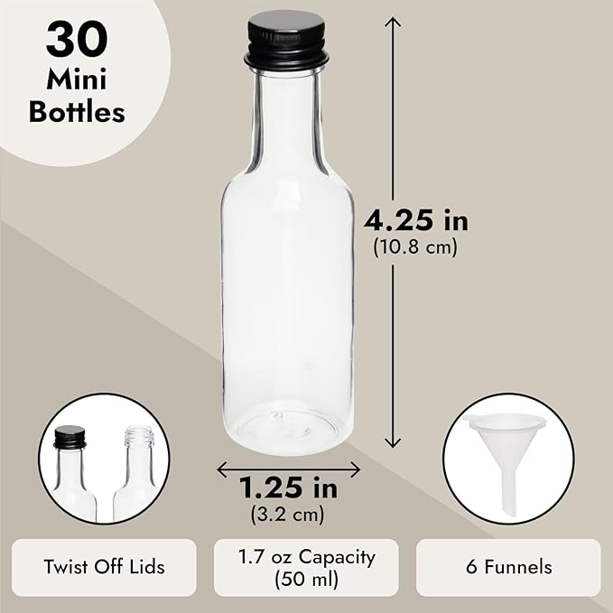 Stockroom Plus 30 Pack Mini Shot Bottles with Caps & Funnels - 50 mL Clear PET - Sample Wine Bottles & Plastic Liquor Containers - Adult Party Favor Pack