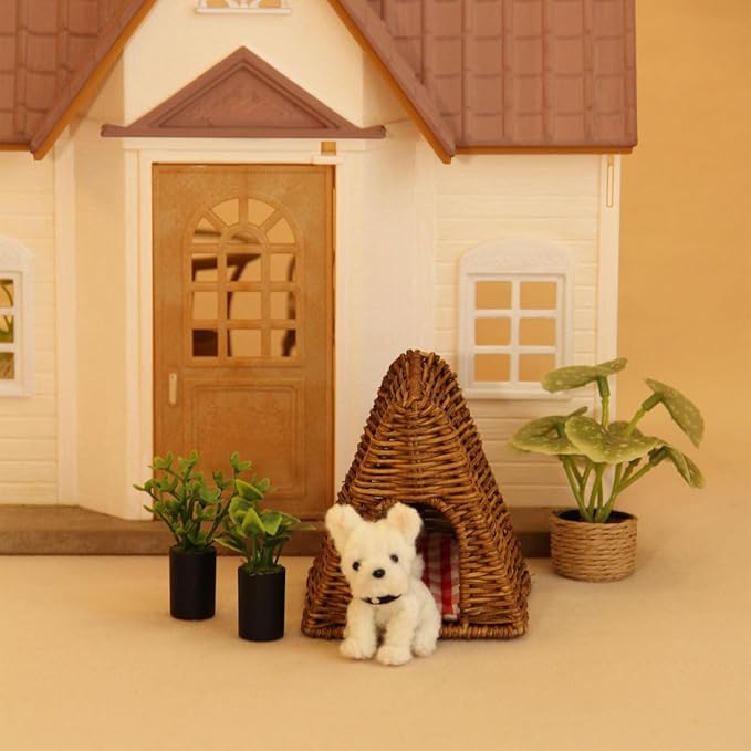 1:12 Scale Mini Rattan Dog Bed for Dollhouse Handmade Wicker Pet Bed, Cute Miniature Dog House Accessories for Doll House Decoration,Dollhouse Furniture Collection (Light) (Triangular Dark)