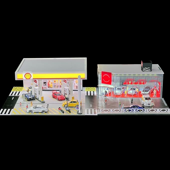 1/64 Scale Shell Gas Station Building Scene Model, Gas Station Architecture Scene, DIY Miniature Building Model for Teens (Cars & Figures Not Included)