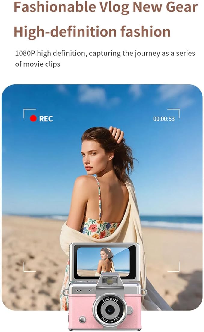 Flip Screen Mini Keychain Camera with Flash, 1080P 2MP Y2K Pocket with 32GB Card, Flip Selfie Camera with LED Flash for Vlogging, Rose Gold Small with Reversible LCD & Light