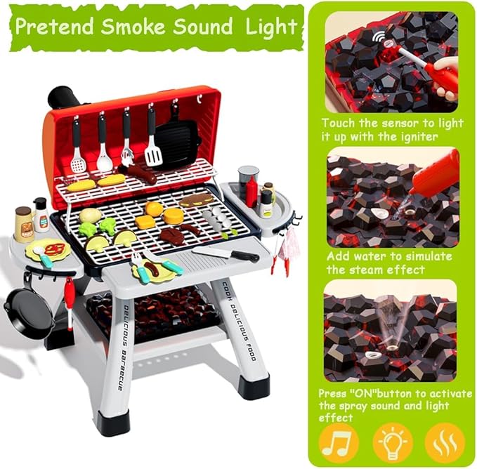 Kids BBQ Grill Playset, Play Kitchen Toys Grill with Smoke Sound Light Simulation Pretend Play Food for Toddlers 3-5 Camping Cooking Set Birthday Gifts Christmas for Grandkids