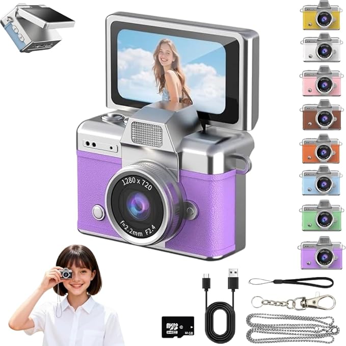 Mini Keychain Digital Camera Retro Mini Digital Video Camera Small bodycam 1080P FHD Recording with 0.96" IPS Screen with 6 Retro Filters AVI Format-Ideal for Phone Transfer (Purple, 32GB)