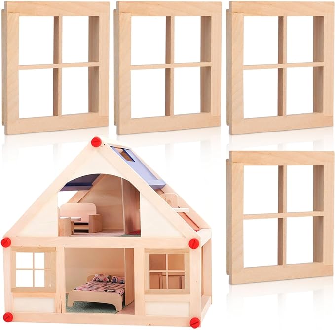 4pcs Wooden Dollhouse Windows 1:12 Scale, Miniature Window Frame Ornament Dollhouse Furniture Tiny Models for Doll Houses Decoration