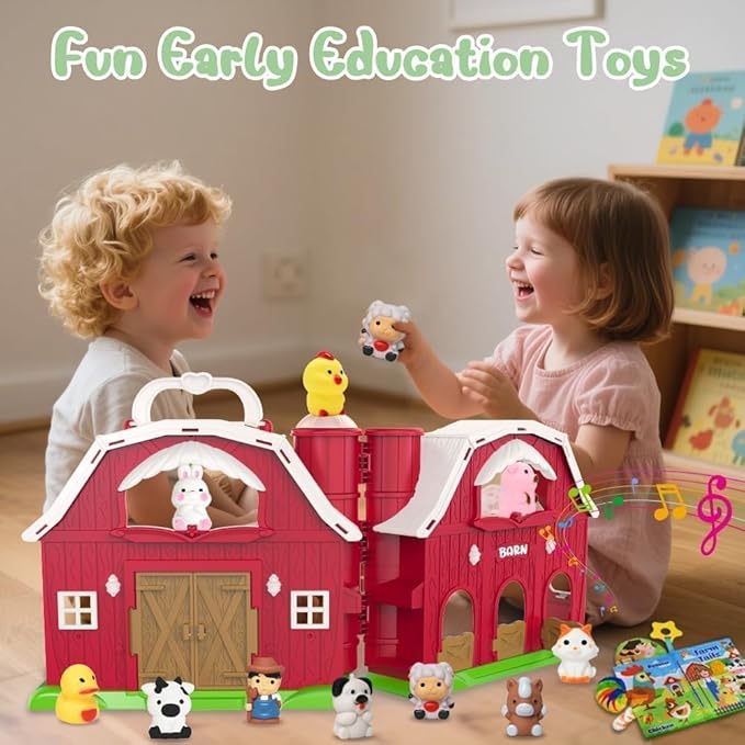 Kimicare Musical Red Barn Toy Farm Animal Finger Puppets for 3 4 5 Years Old, Animal Figures Playset with Farm Baby Book, Sensory Learning Toys Birthday Gifts Christmas Stocking Stuffers